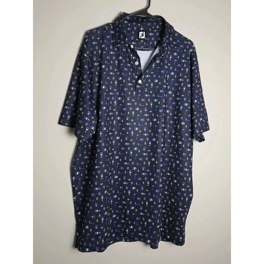 Footjoy FJ Polo Shirt Size Large Blue Golf & Liquor Polka Dot Bulle Rock